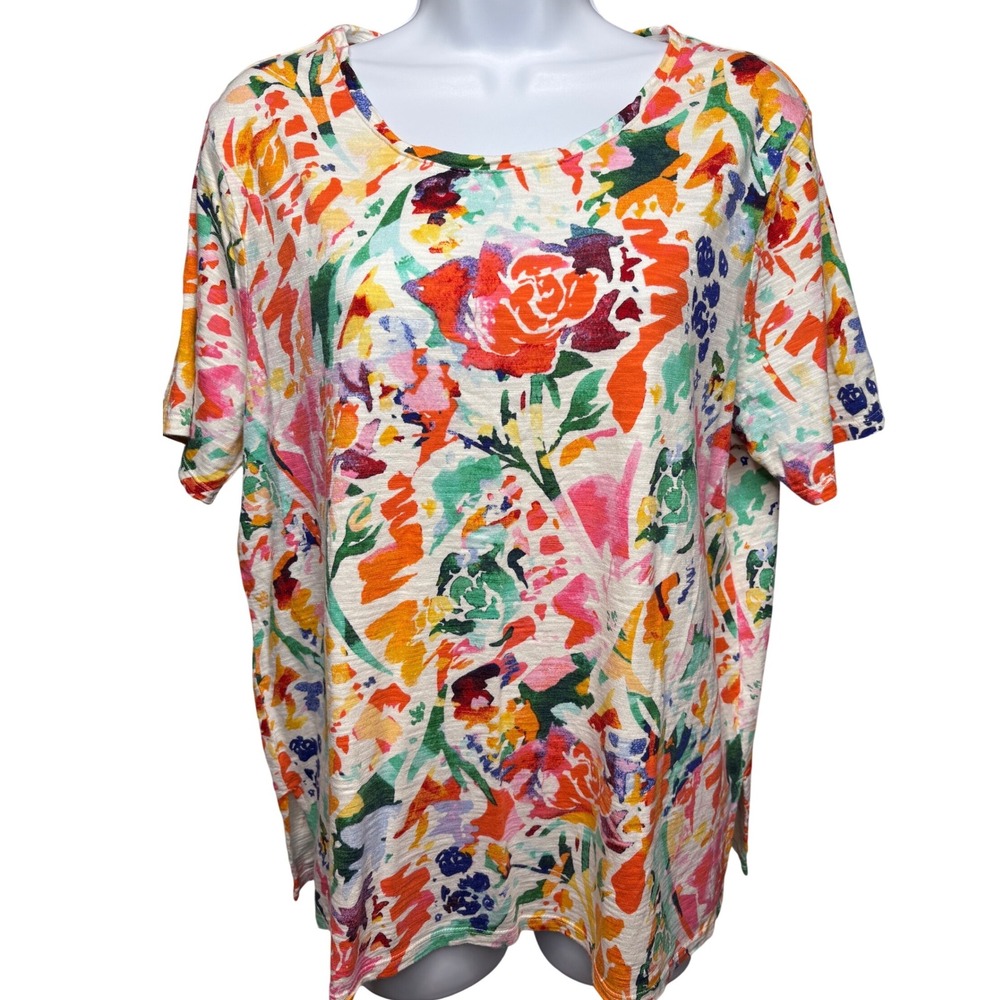CHICO'S Womens Multicolor Floral Short Sleeve Tee Sz 2/ L Art-to-Wear Casual